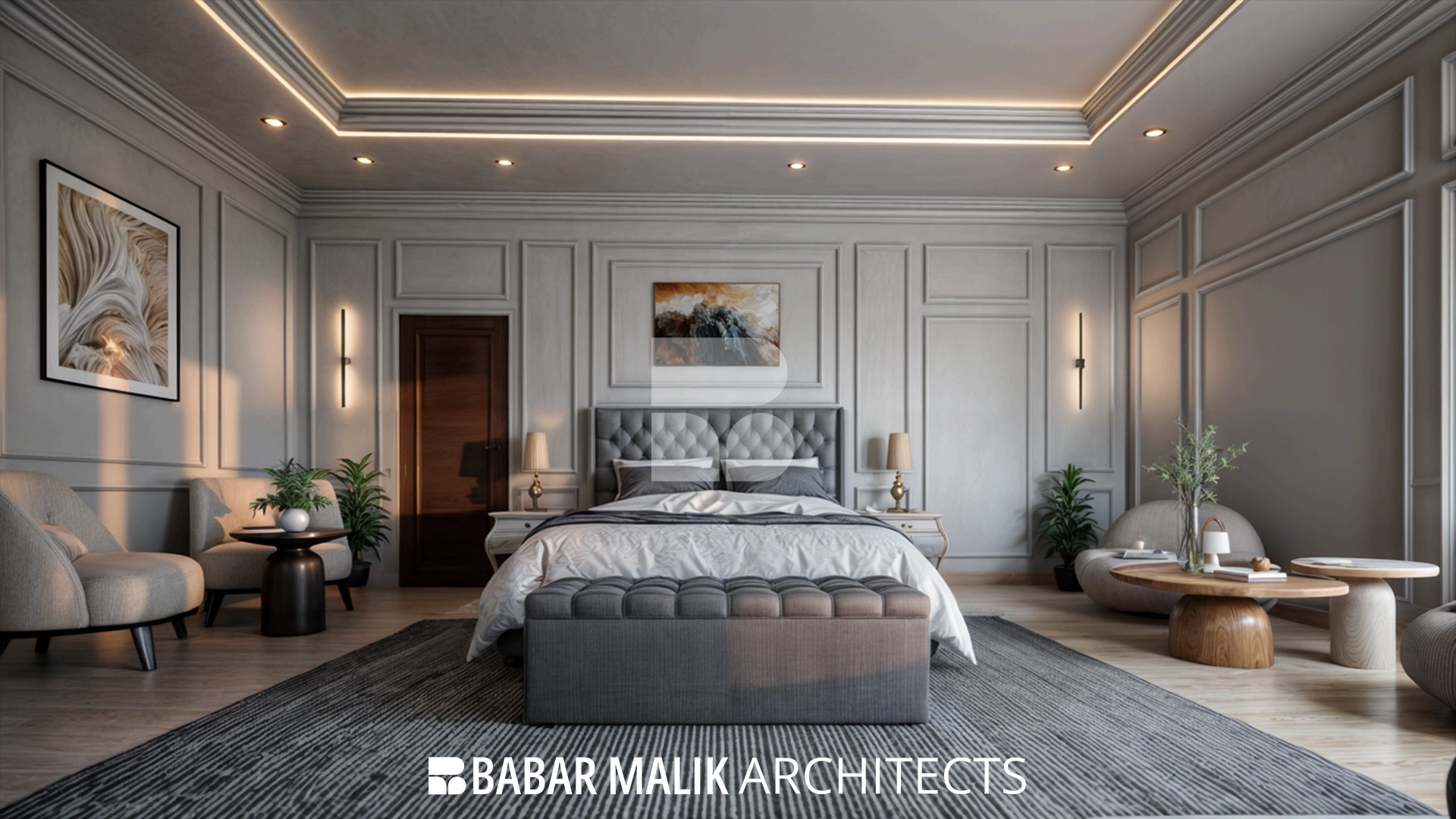 Symmetrical view of a luxury master bedroom featuring grey wainscoting walls, a tufted headboard, and warm cove lighting.