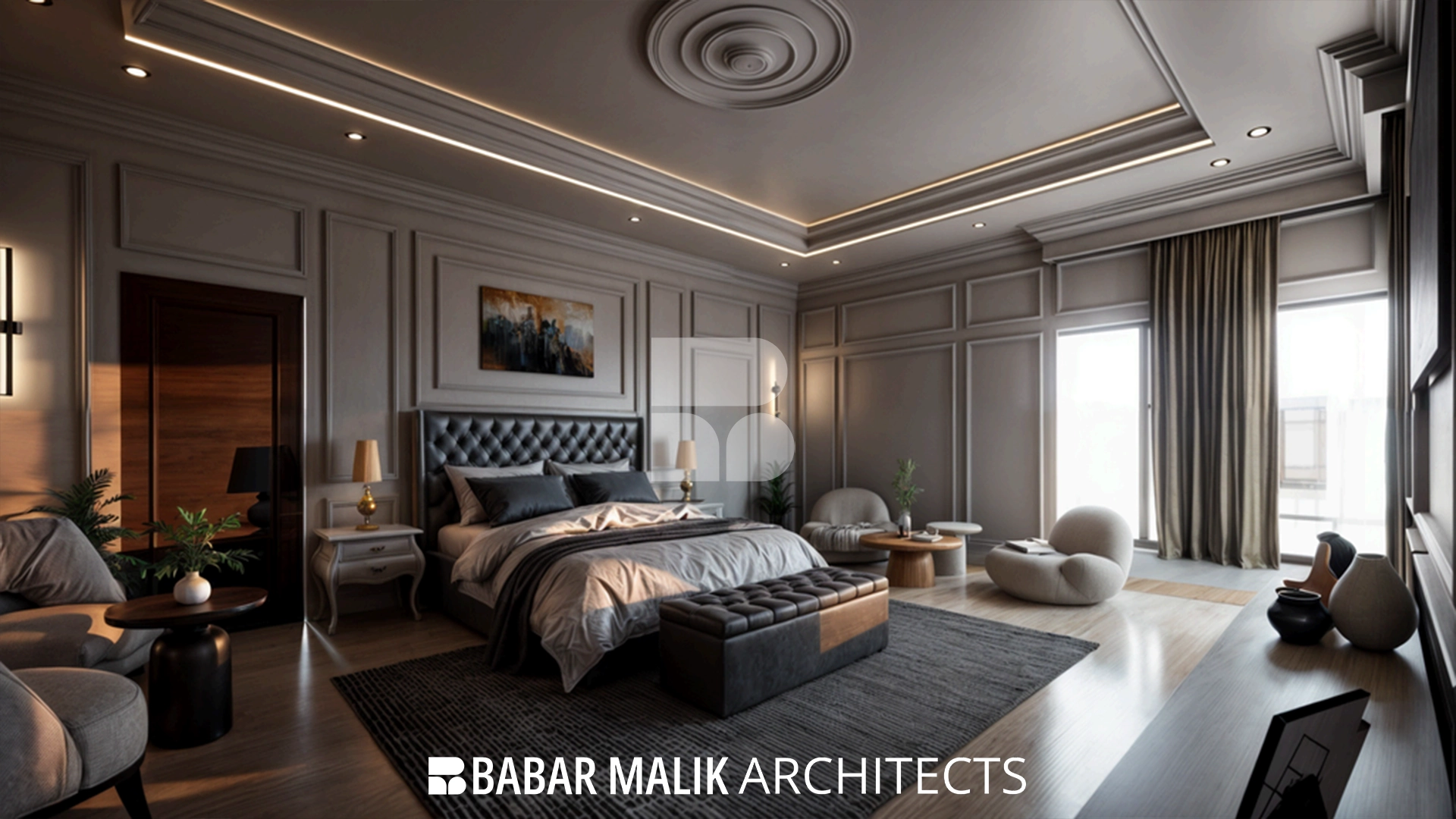 Minimalist media wall and console design integrated with classical wall moldings and heavy velvet drapes in a luxury suite.