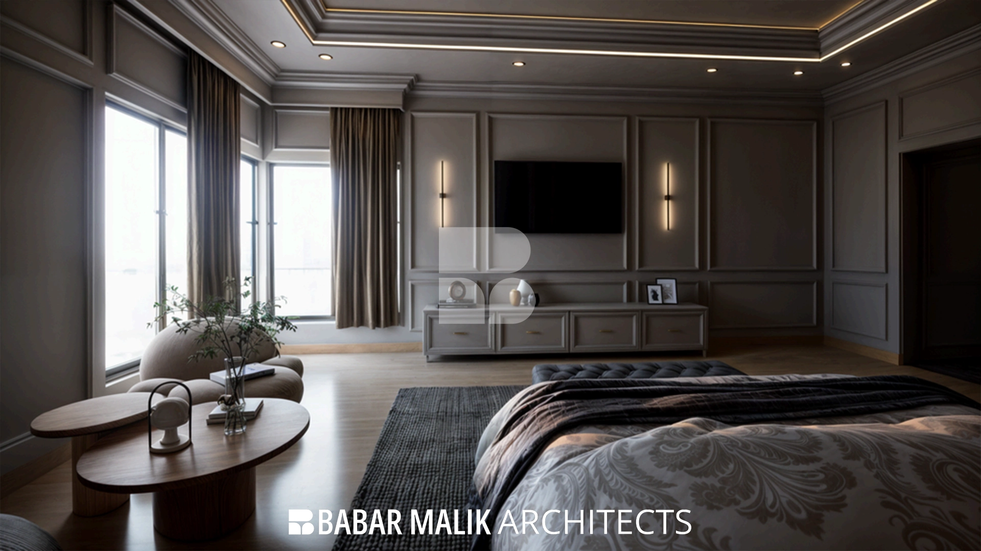 Minimalist media wall and console design integrated with classical wall moldings and heavy velvet drapes in a luxury suite.