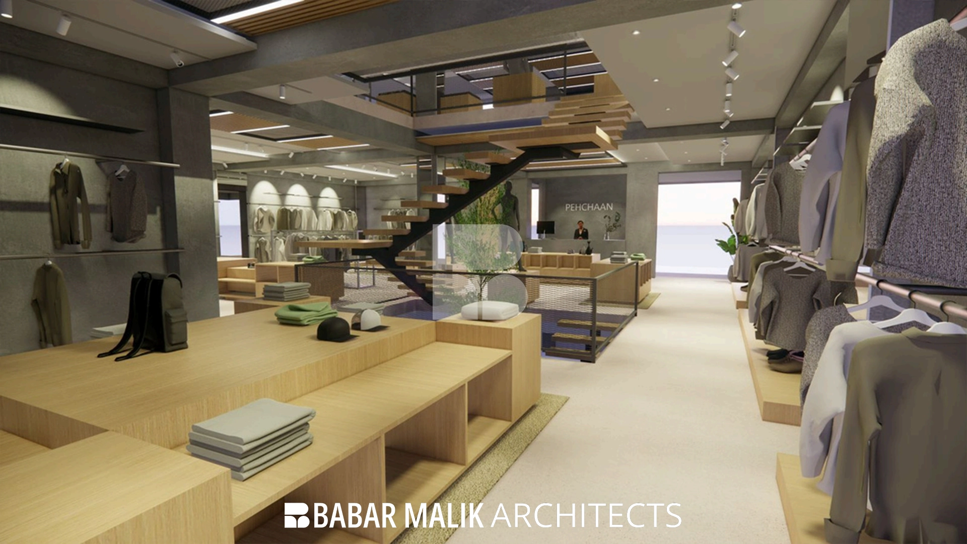 View of the interior branding 'PEHCHAAN' and systematic clothing racks.