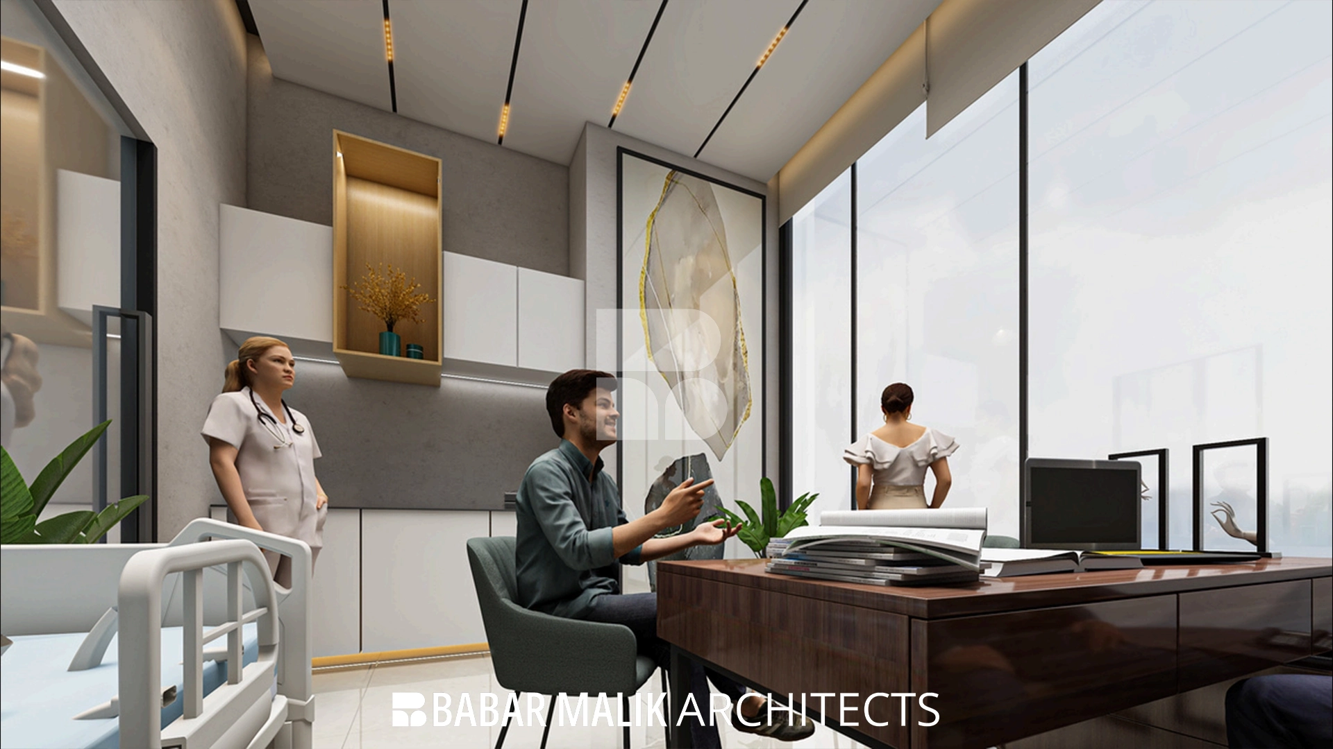 Modern doctor's consultation office with floor-to-ceiling windows and minimalist furniture.