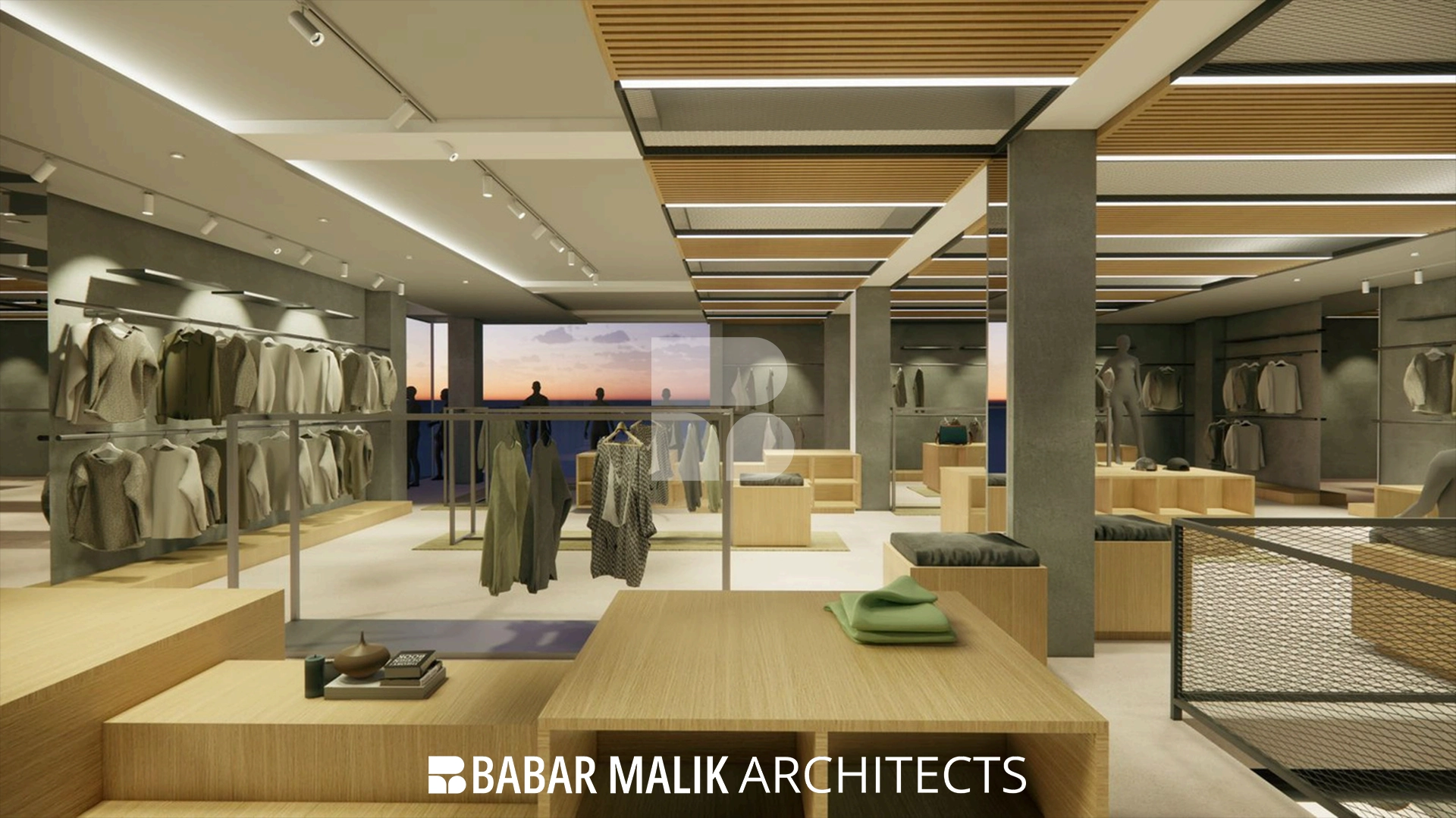 Apparel display area with industrial concrete walls and warm wood shelving.