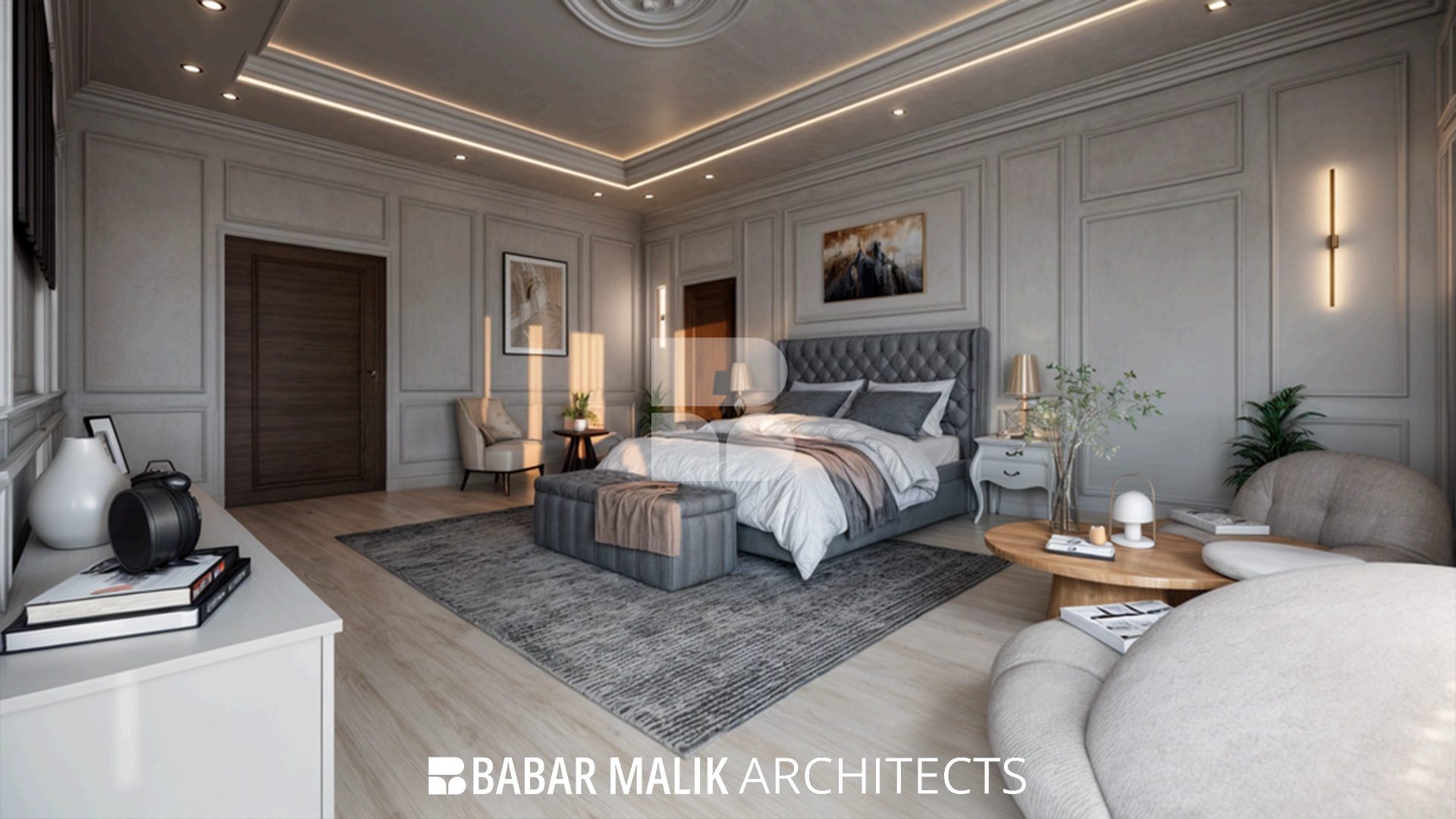 Wide-angle perspective of a spacious contemporary bedroom with wooden flooring, bespoke furniture, and elegant ceiling details.