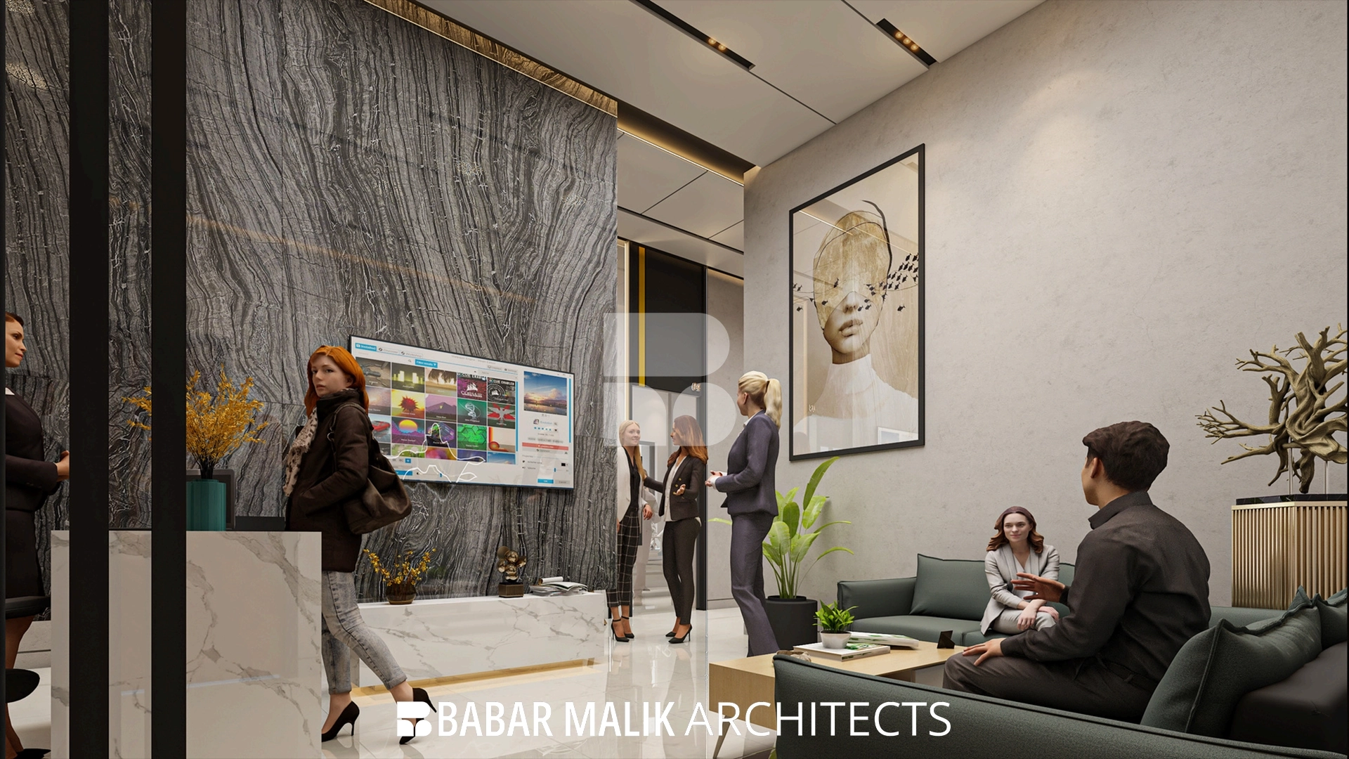 High-end patient lounge featuring stone wall cladding and contemporary art.
