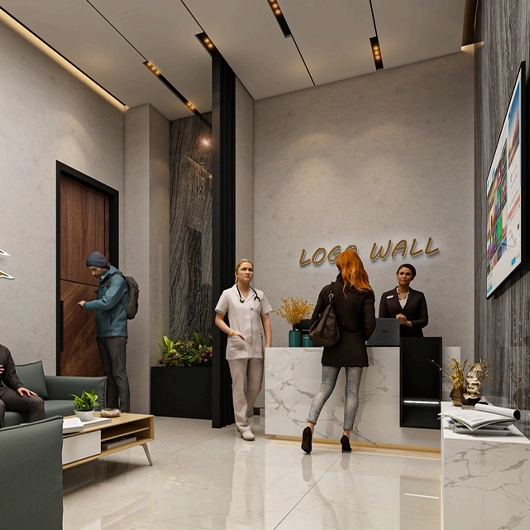 Luxury reception and waiting area with marble accents at Woodland Clinic.