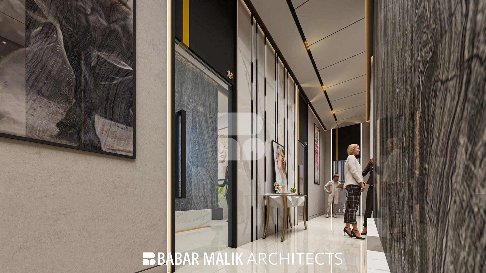 Clinical corridor with integrated LED lighting and marble flooring at Woodland Clinic.