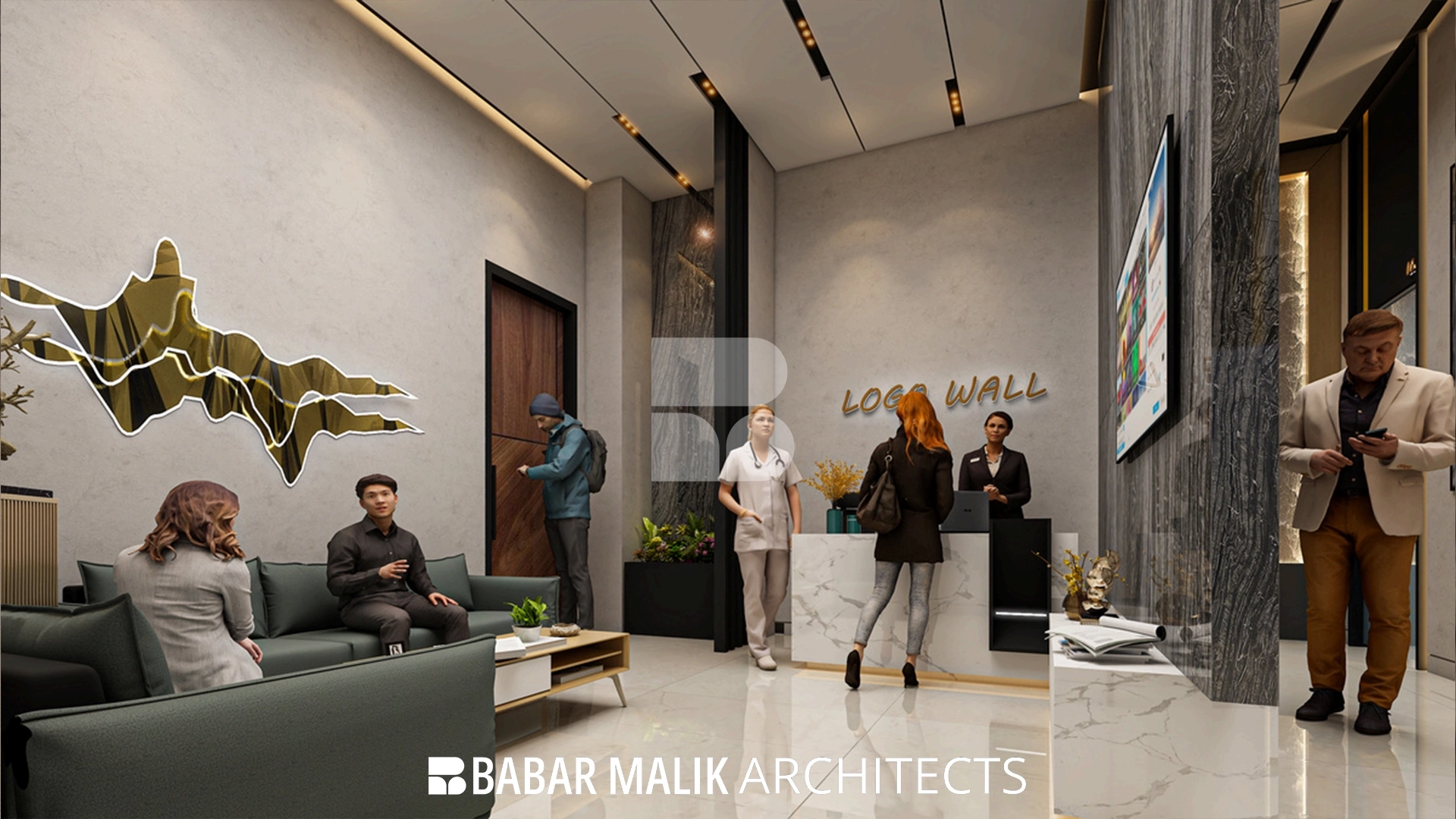 Main reception desk with 'Logo Wall' branding and premium stone finishes.