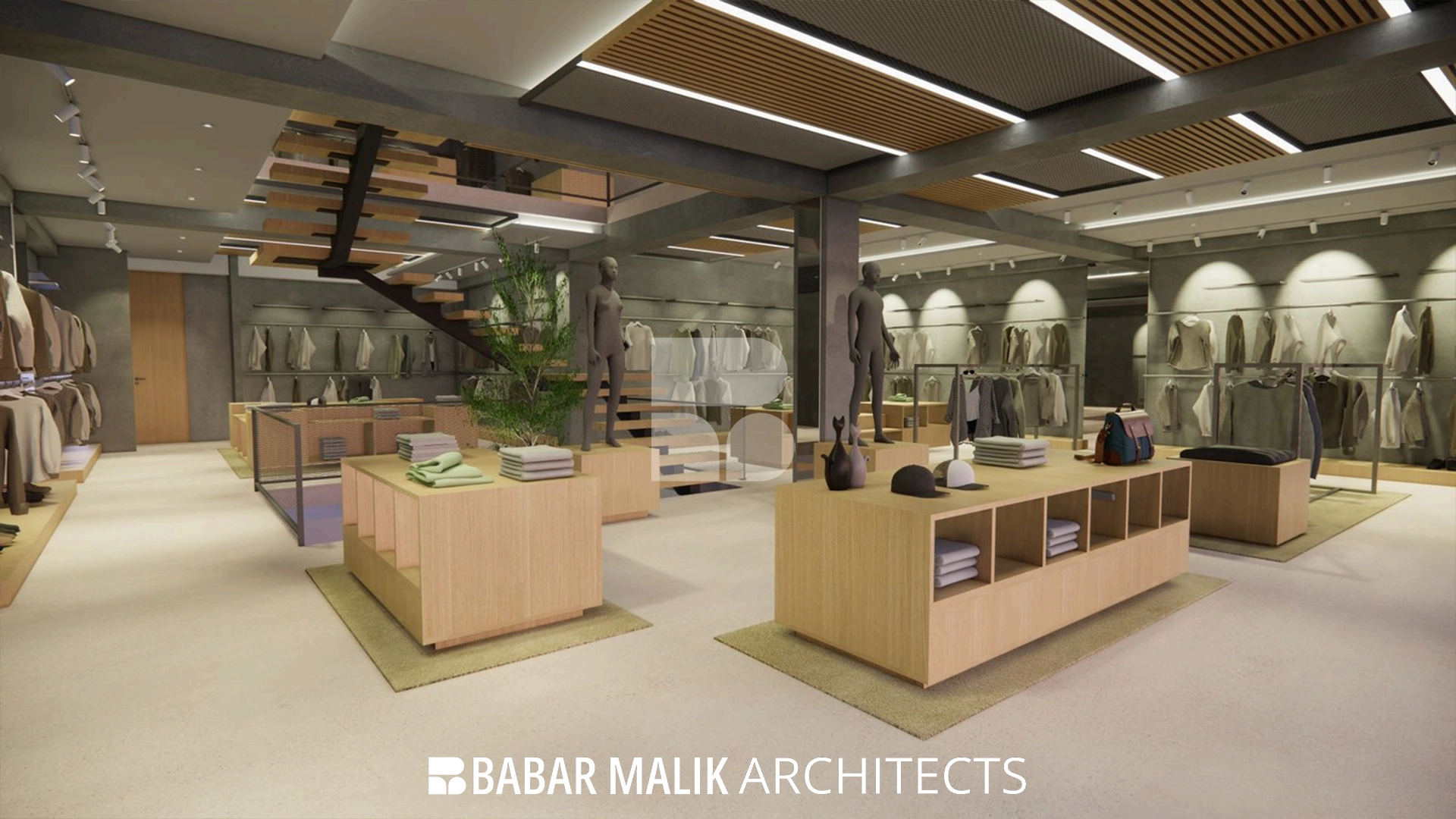 Spacious open-plan retail floor with custom display islands and mannequins.