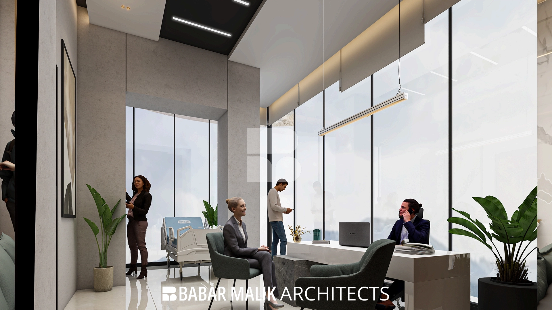 Executive medical office design showing the integration of natural light and modern furniture.