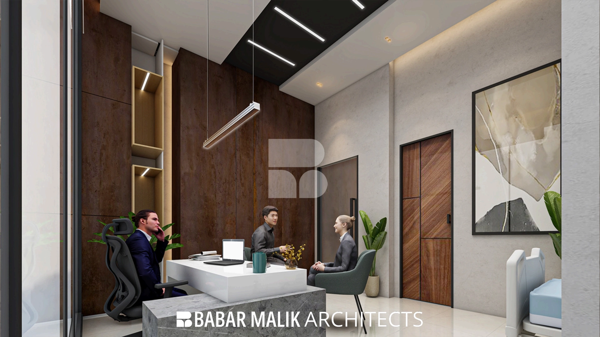 Private consultation suite featuring wood paneling and minimalist aesthetics.
