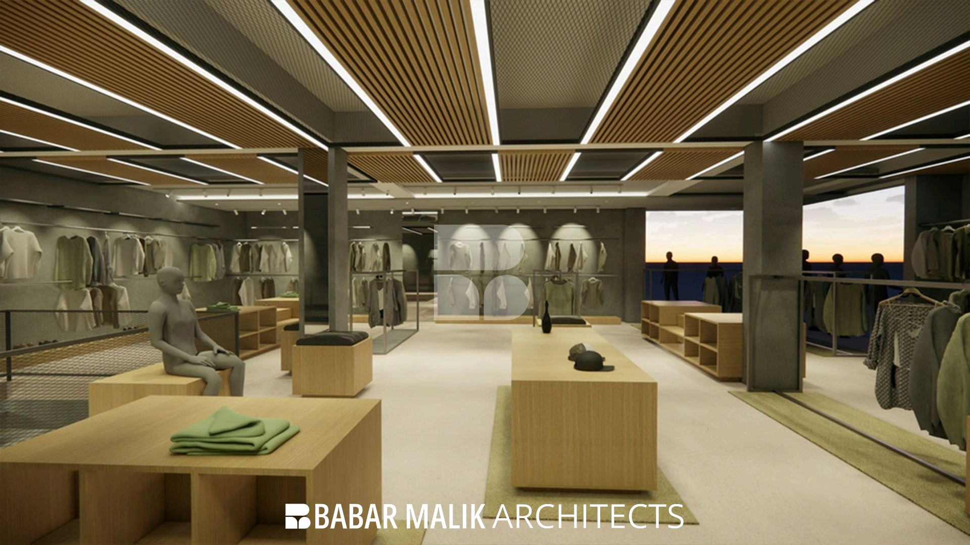 Detail of the wooden ceiling baffles and integrated track lighting in a retail setting.