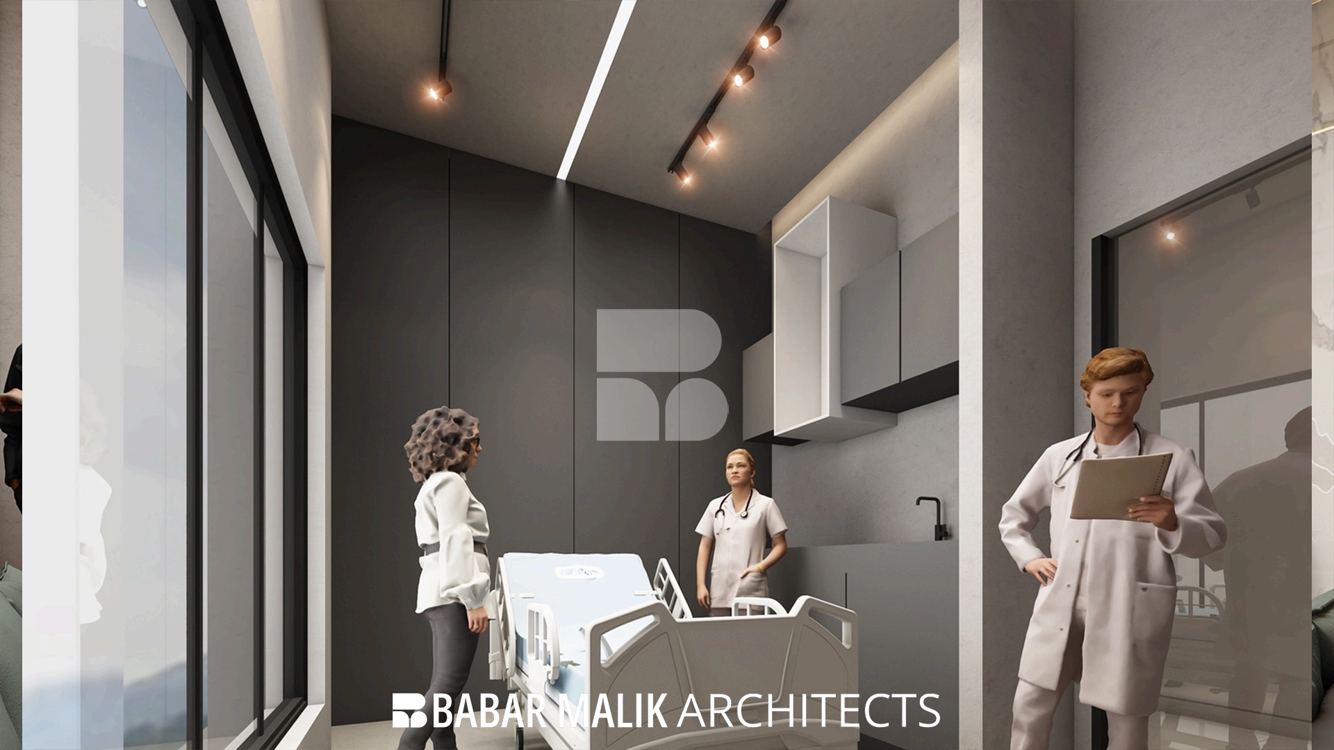 Specialized medical treatment room with sleek cabinetry and recessed lighting.