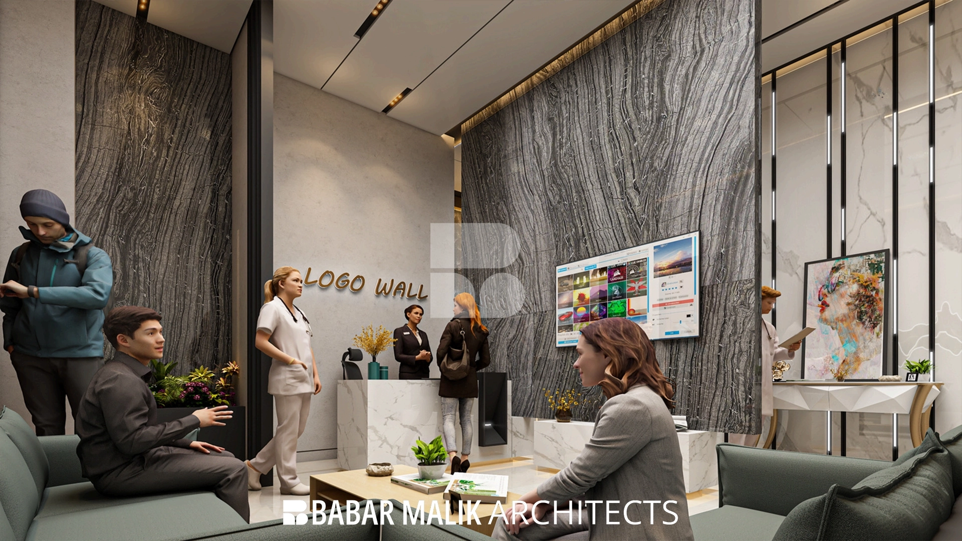Large-format marble wall cladding in the main lobby of Woodland Clinic.