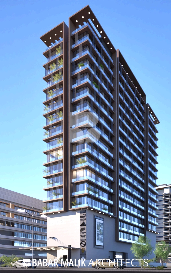 An intense, low-angle dusk rendering of the Roomi One tower, focusing on the illuminating effects of the facade and roof structure lights.