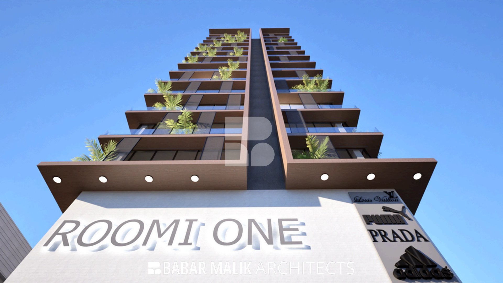 A detailed architectural rendering focusing on the 'W' shaped glass balcony configurations of the Canal 101 tower.