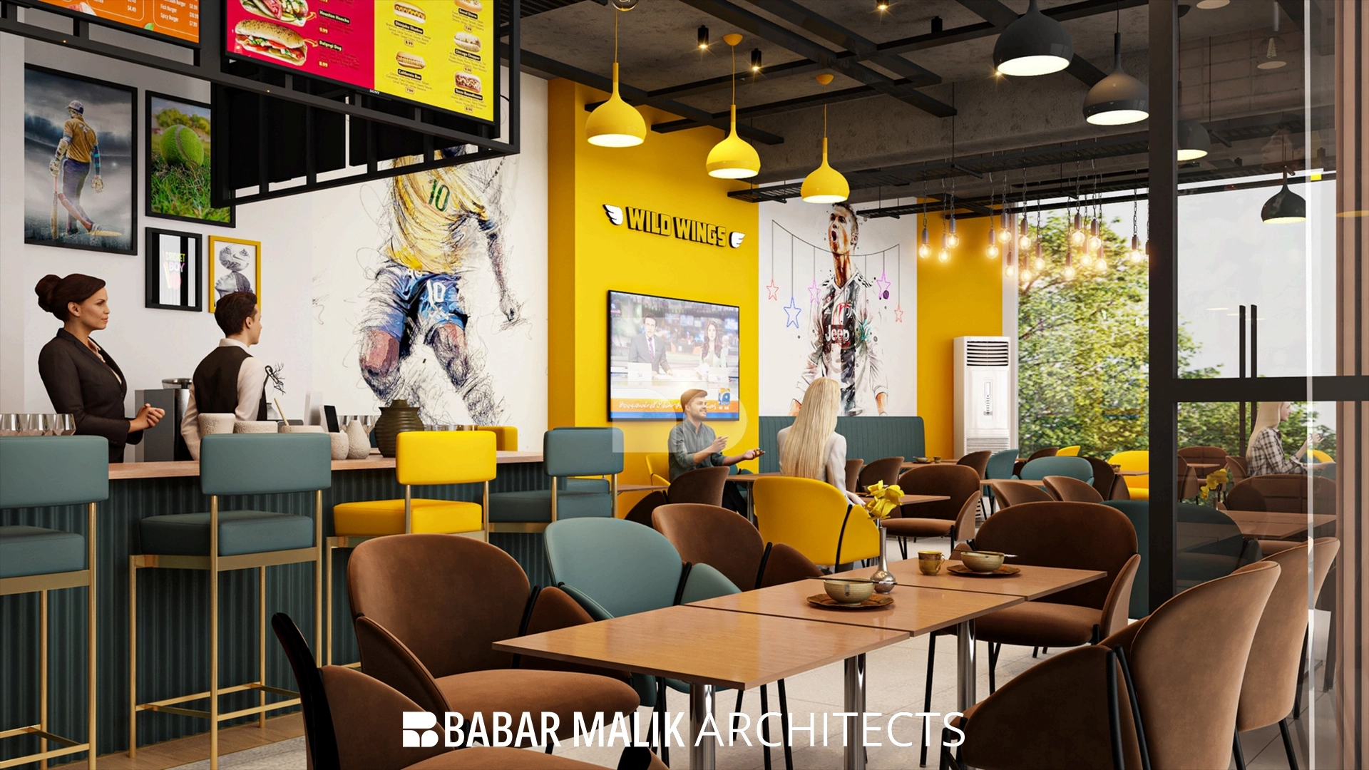Wide perspective of a sports-themed restaurant interior with custom athlete murals and industrial lighting.