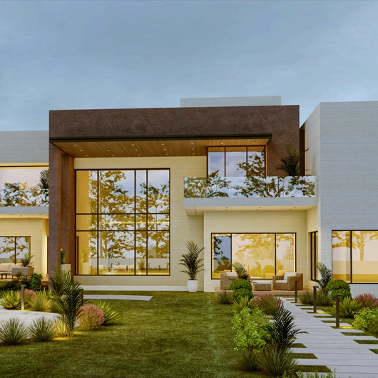 Close-up architectural view of the HG House facade highlighting the double-height glass windows and balcony design.