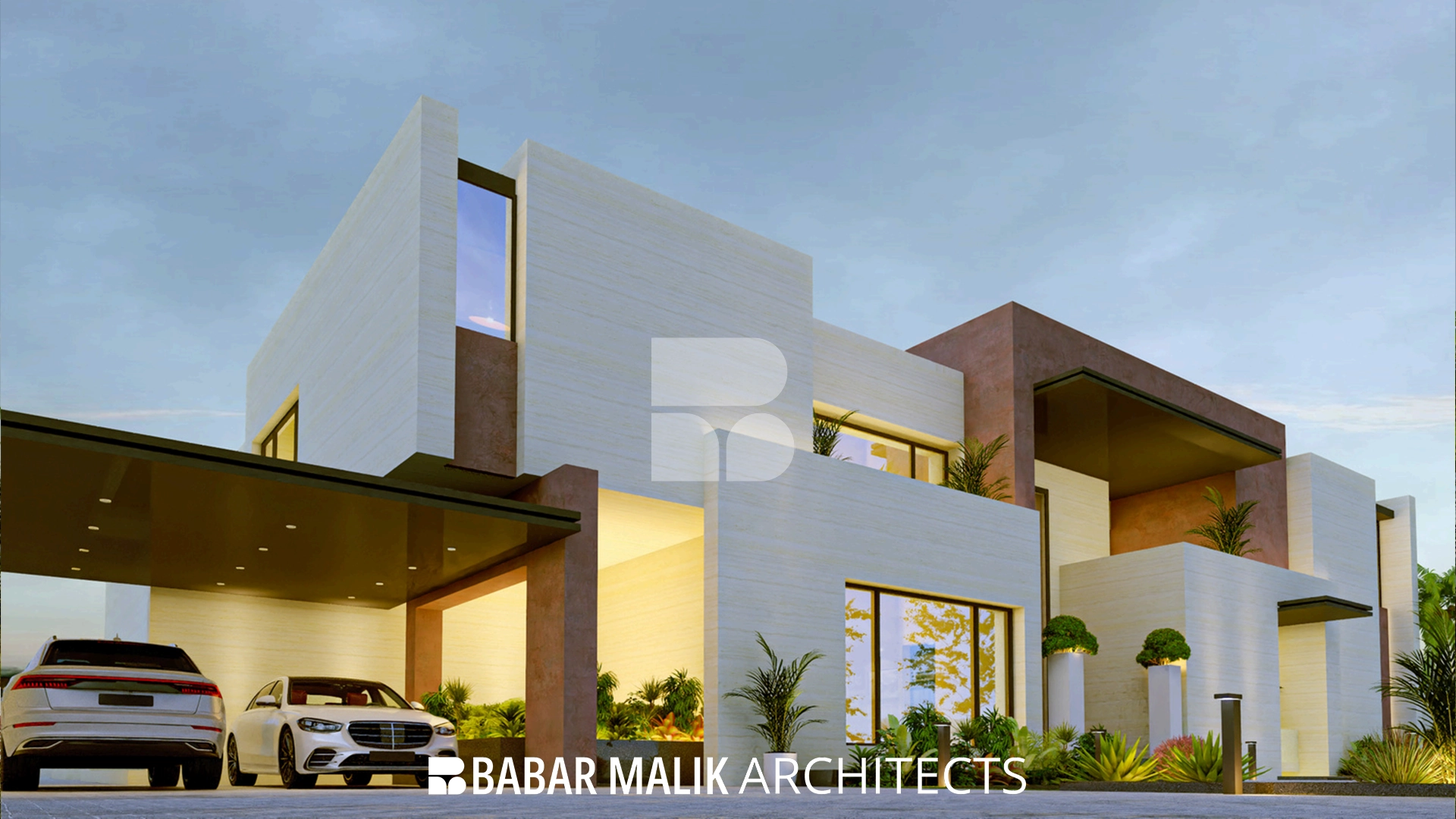 Side perspective of HG House featuring a modern carport design and the interplay of cubic volumes.