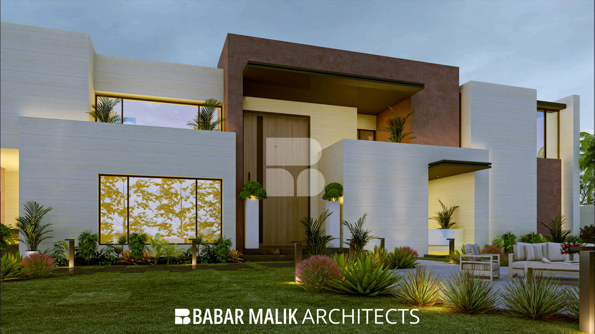 Main entrance of HG House showing a tall wooden door, architectural planters, and integrated lawn lighting.