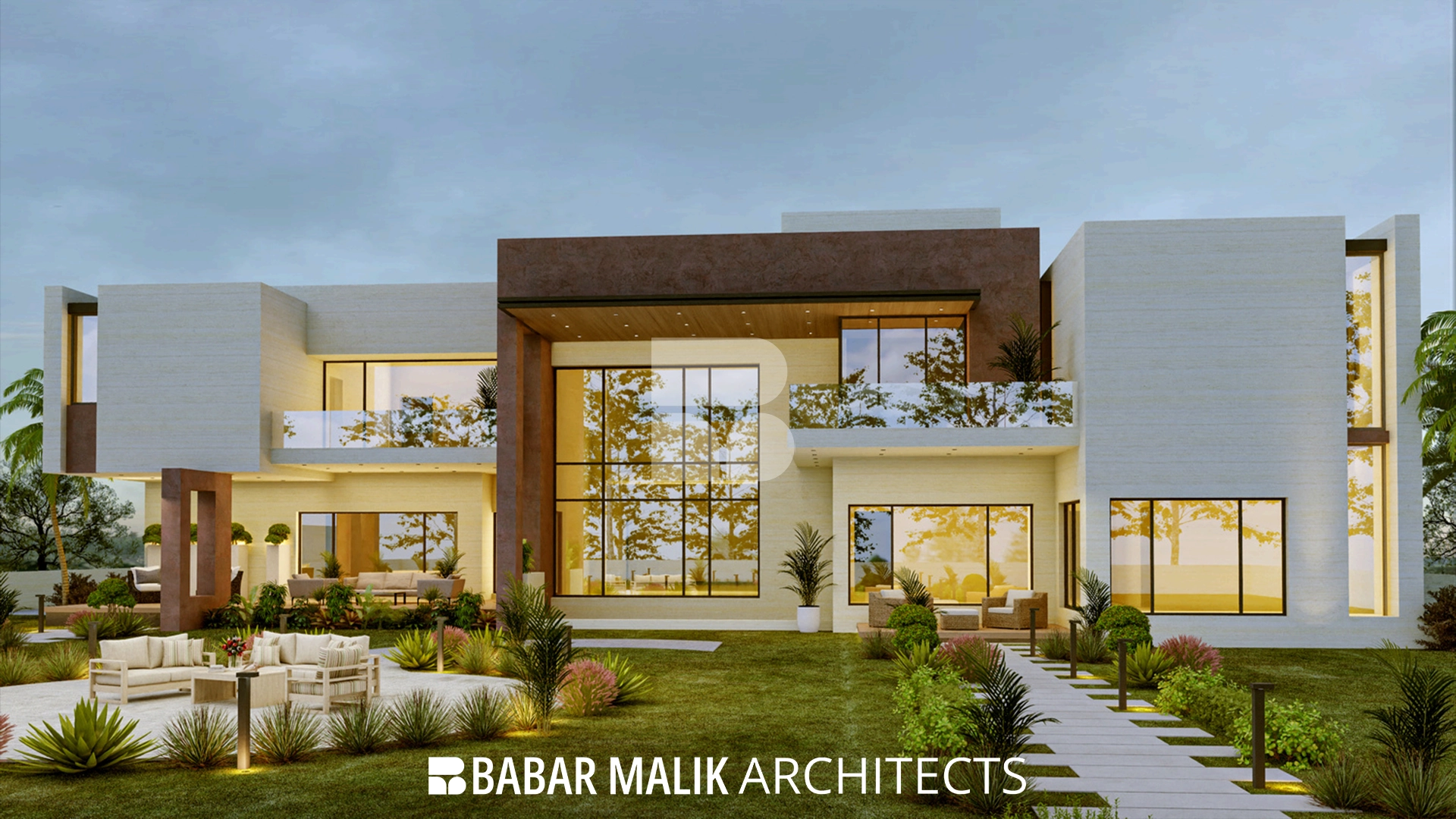 Evening view of the HG House back elevation showing the outdoor seating area and landscaped walkway.