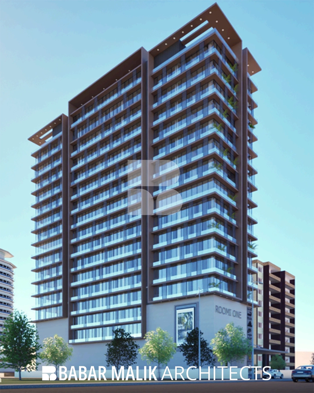 A lower-angle rendering of Roomi One at dusk, emphasizing the commercial podium with prominent high-end fashion branding like 'Prada' and 'Adidas'.