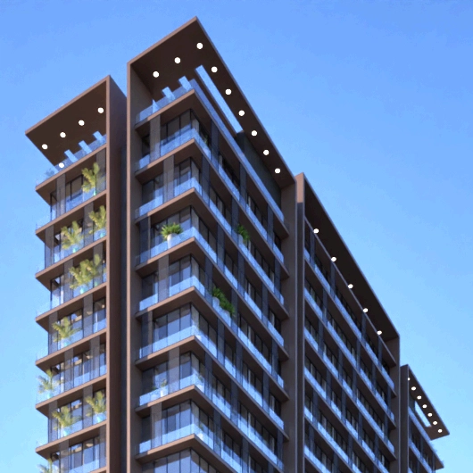 A detailed close-up rendering of the Roomi One upper levels, highlighting the continuous glass balconies and integrated vertical landscaping features.