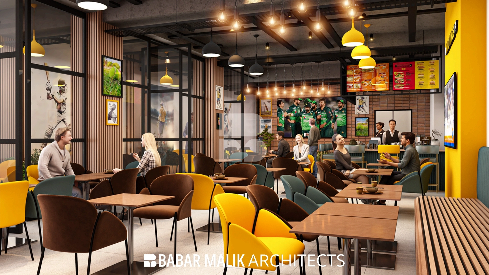 Broad view of the Wild Wings dining hall featuring a brick feature wall and cricket-themed art.