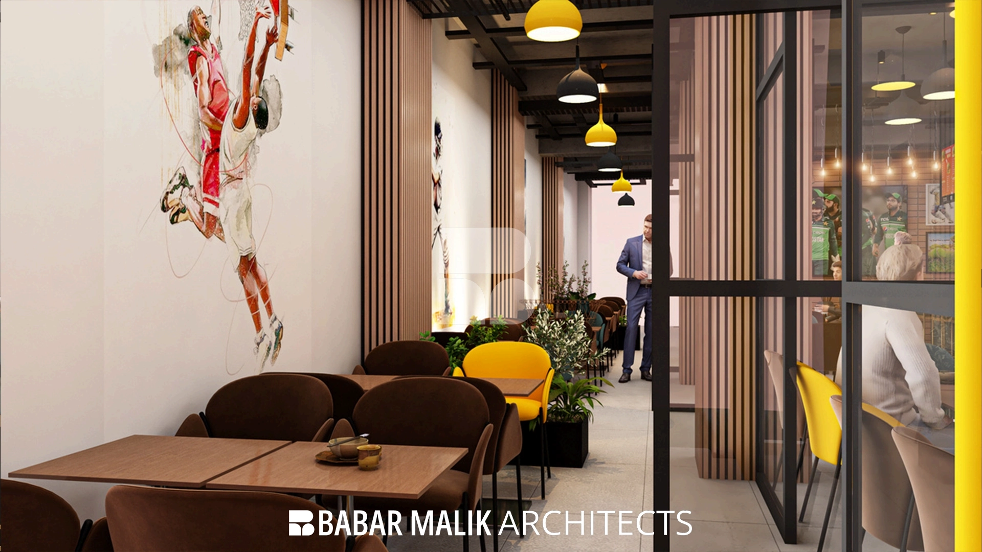 Elegant corridor design with vertical wood slat partitions and basketball-themed wall murals.